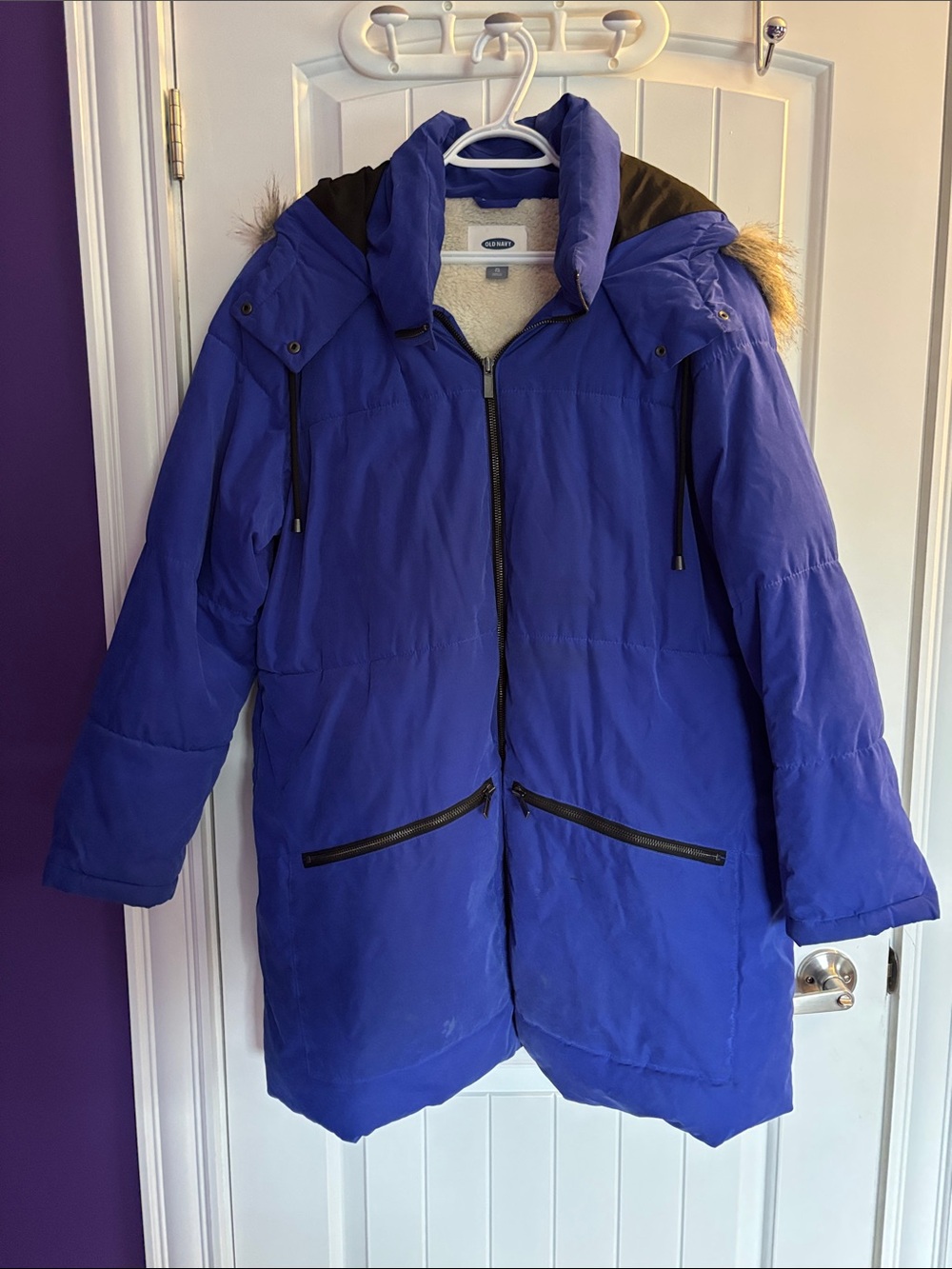 Old Navy Royal Blue Hooded Puffer Coat with Faux-Fur Trim